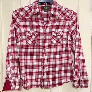 Eddie Bauer women’s red and white plaid western shirt with pearl snaps medium